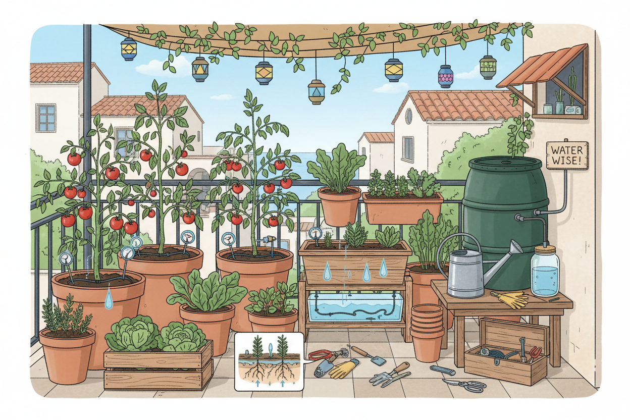 Come irrigare l'orto sul balcone senza sprecare acqua: guida pratica con tabelle, confronto metodi e consigli su attrezzi e setup fai da te.