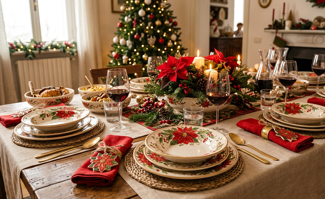Servizio piatti in ceramica Stella di Natale: eleganza floreale