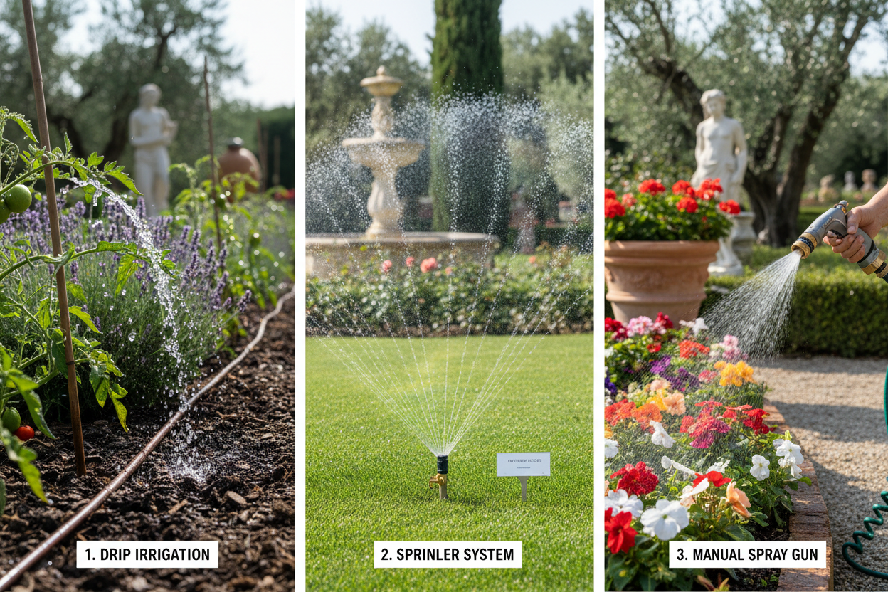 Irrigazione a goccia, aspersore o pistola manuale? Confronto completo con tabella, pro e contro e consigli pratici per scegliere il sistema giusto.