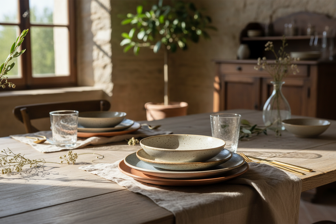 Mise en place elegante con piatti in ceramica artigianale