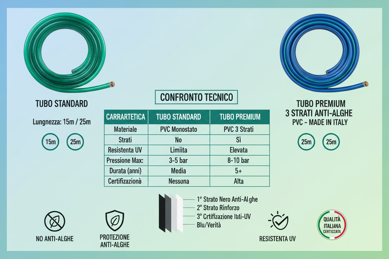 Tubo standard vs PVC 3 strati anti-alga Made in Italy: confronto completo con tabella, dati tecnici e consigli su 15m o 25m. Scopri quale scegliere.