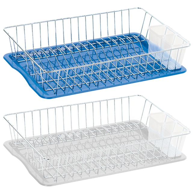 Scolapiatti Scolaposate da Tavolo Jall Cromato con Vassoio in Plastica per Lavello Piatti e Posate Grande 47×33×9h cm