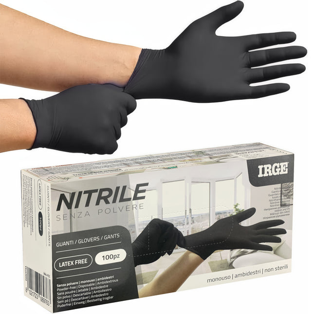 IRGE Guanti in Nitrile Neri Monouso (100-600pz) | Senza Polvere, Latex Free, Multiuso Irge