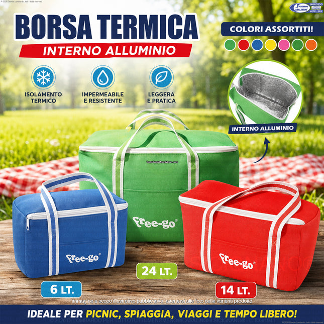 Free-go Borsa Termica Interno Alluminio 6L 14L 24L Borsa Frigo Piccola Media Grande Salvaspazio Isolamento Termico Impermeabile Leggera Colori Assortiti Due Esse