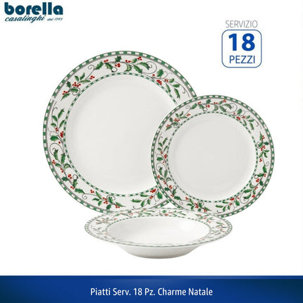 Servizio Piatti Natalizio 18 Pezzi Borella Casalinghi Charme Natale in Ceramica con Ghirlanda Verde per 6 Persone Borella Casalinghi srl
