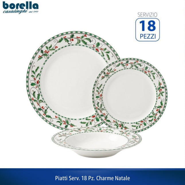 Servizio Piatti Natalizio 18 Pezzi Borella Casalinghi Charme Natale in Ceramica con Ghirlanda Verde per 6 Persone Borella Casalinghi srl