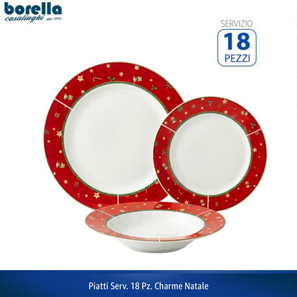 Servizio Piatti Natalizio 18 Pezzi Borella Casalinghi Charme Natale in Ceramica con Balza Rossa per 6 Persone Borella Casalinghi srl