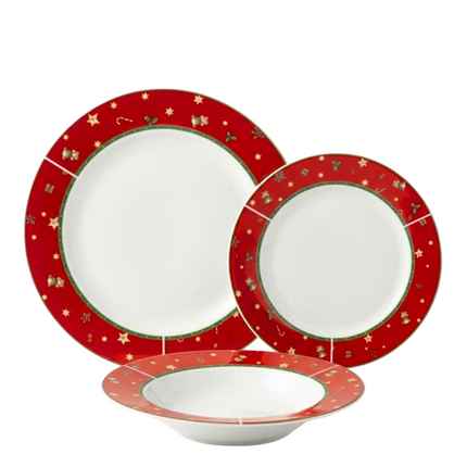 Servizio Piatti Natalizio 18 Pezzi Borella Casalinghi Charme Natale in Ceramica con Balza Rossa per 6 Persone Borella Casalinghi srl