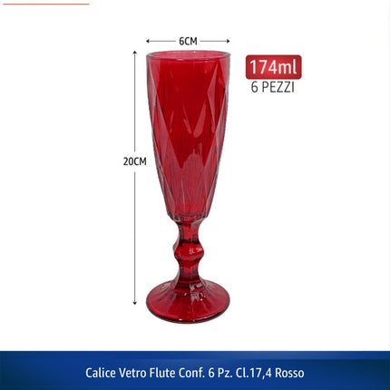Mastro Bianco Christmas Set 6 Calici Flute Rubis - Bicchieri in Vetro Rosso da 174ml per Brindisi di Natale e Capodanno - H 20 cm Mercury srl