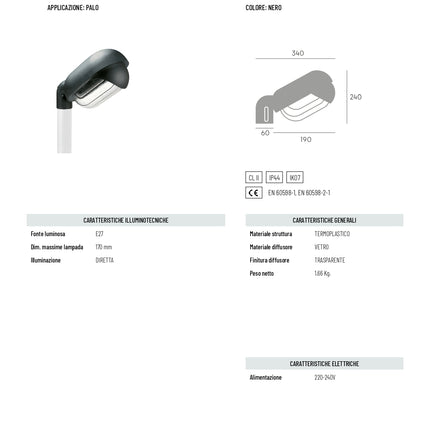 Sovil Testa-Palo Ovale E27, Struttura in Termoplastico, Diffusore in Vetro, Adattatore Ø60 mm Sovil