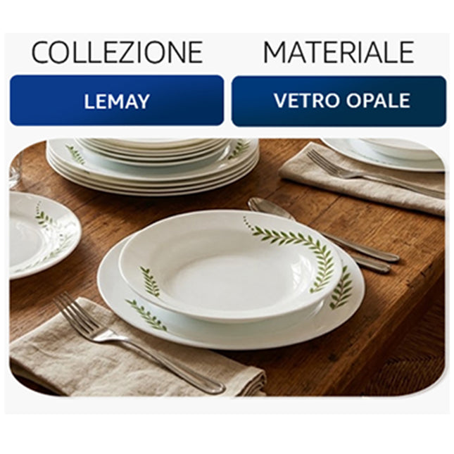 Servizio Piatti 18 Pz Vetro Opale Foglia Verde – Collezione Lemay AD Trend