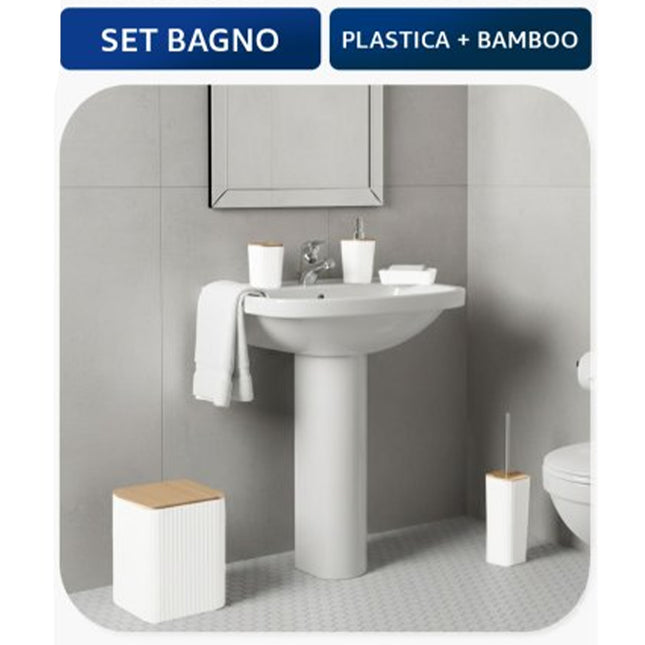 Set Accessori Bagno 5 Pezzi Moderno in Plastica e Bamboo - Bianco Rigato Feridras