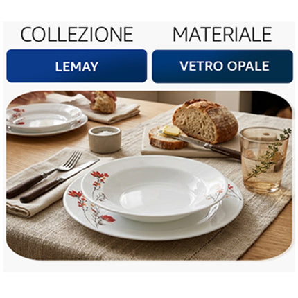 Servizio Piatti 18 Pz Vetro Opale Fiore Rosso – Collezione Lemay