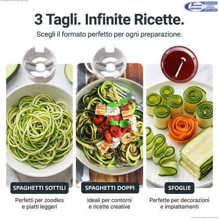 Kurly Plus Spiralizzatore Manuale 3 in 1 per Spaghetti di Verdure – Taglia Verdure Compatto con 3 Lame in Acciaio Inox e Tappo di Sicurezza Lit Gas