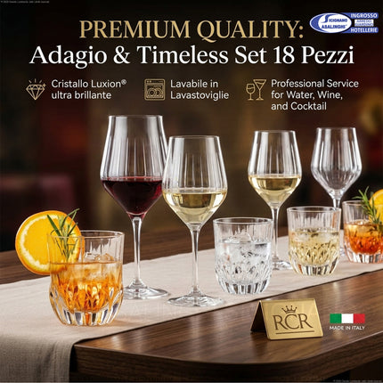 RCR Adagio & Timeless Set 18 Pezzi (Bicchieri 35 cl + Calici 65 cl e 45 cl) – Servizio Acqua, Vino e Cocktail in Cristallo Luxion®, Made in Italy RCR Cristallerie