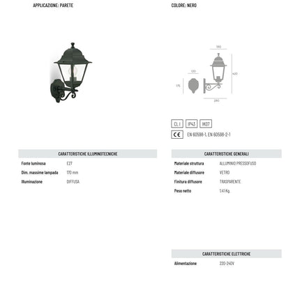 Applique da Esterno OLD – Versione Media o Piccola, E27, Nero e IP43! Media Sovil