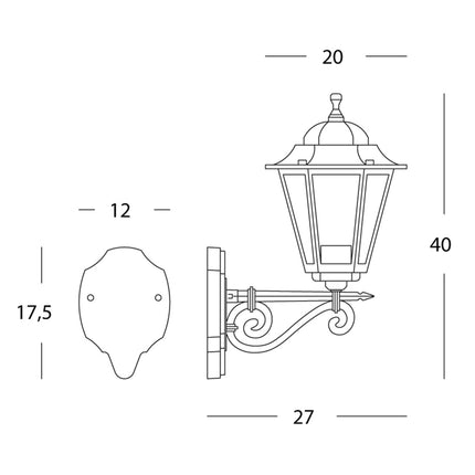 Lanterna Applique Retrò Verso L'Alto Lampada Vintage Da Parete E27 Nero 60W