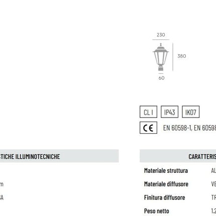 Testa-palo Grande, Alluminio Pressofuso, Vetro Trasparente, E27, IP43, Ø60 mm Sovil