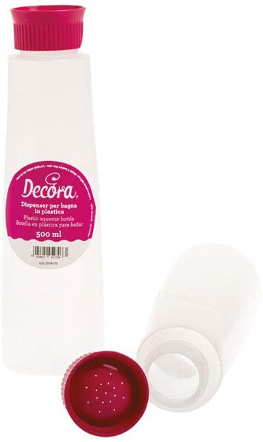 Decora Dispenser Per Bagna Con Tappo Bucherellato, Plastica, 500 Ml, Trasparente/Fucsia, 500Ml
