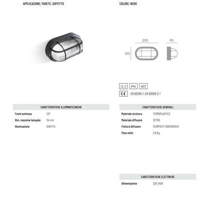 Plafoniera ECHO OVALE in Resina con Gabbia – E27, IP44, disponibile in Bianco e Nero! Nero Sovil
