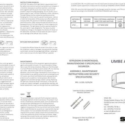 Sovil UMBE APERTA, Applique Grande da Esterno, Attacco E27, 250x120x132 mm Sovil