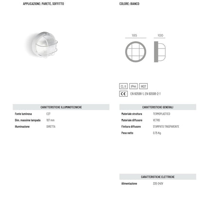 Applique ECHO TONDA con Gabbia – IP44, E27, Bianca o Nera, Antiurto IK07! Bianco Sovil