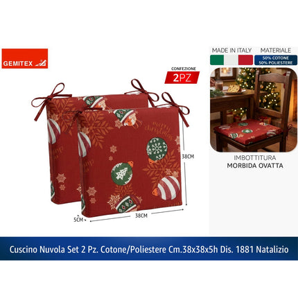 Gemitex Cuscino Nuvola Natalizio Set 2 Pz - Coprisedia 38x38x5 cm in Cotone e Poliestere Made in Italy - Dis. 1881 Tutto Tutto Meno Meno®