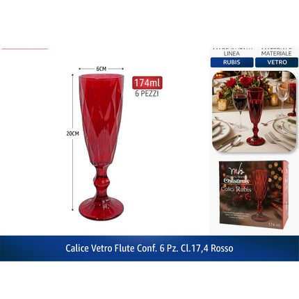 Mastro Bianco Christmas Set 6 Calici Flute Rubis - Bicchieri in Vetro Rosso da 174ml per Brindisi di Natale e Capodanno - H 20 cm Mercury srl
