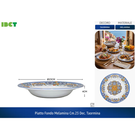 Piatto Fondo in Melamina 23 cm Decoro Taormina | Piatti da Portata Stile Siciliano IBCT