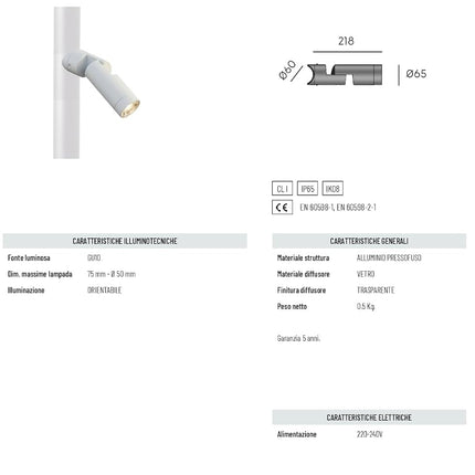 Faretto EXPLORA Palo-Side GU10 – IP65, Alluminio, per Pali Ø60-65mm, 3 Colori! Bianco Sovil
