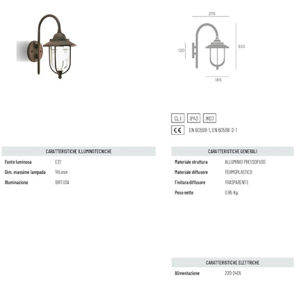 Applique PORTO in Alluminio Pressofuso Ruggine – E27, IP43, Design Classico per Esterni! Sovil