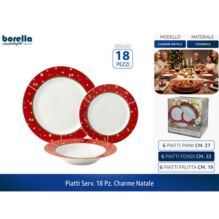 Servizio Piatti Natalizio 18 Pezzi Borella Casalinghi Charme Natale in Ceramica con Balza Rossa per 6 Persone Borella Casalinghi srl