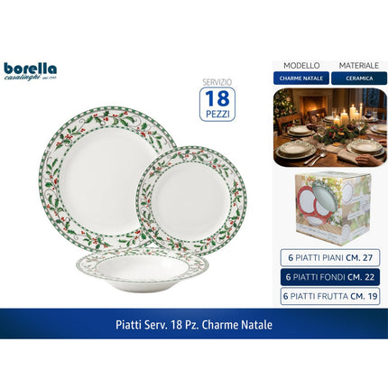 Servizio Piatti Natalizio 18 Pezzi Borella Casalinghi Charme Natale in Ceramica con Ghirlanda Verde per 6 Persone Borella Casalinghi srl