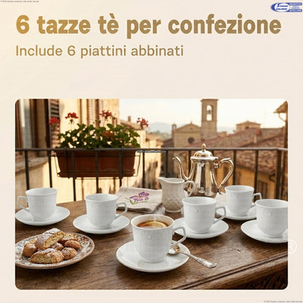 Set 6 Tazze da Tè con Piattino in Porcellana Bianca – 12 Pezzi, Design Elegante e Lavabili in Lavastoviglie Star