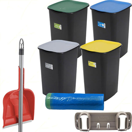 Set Pattumiere Riciclo con Coperchio Raccolta Differenziata Carta Vetro Plastica Indifferenziata 50 Litri, 15 Sacchetti, con Paletta e Appendiscope Colori Assortiti Blu Set 4 Bidoni Belli & Forti