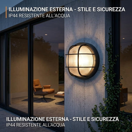 Applique ECHO TONDA con Gabbia – IP44, E27, Bianca o Nera, Antiurto IK07! Sovil