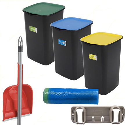 Set Pattumiere Riciclo con Coperchio Raccolta Differenziata Carta Vetro Plastica Indifferenziata 50 Litri, 15 Sacchetti, con Paletta e Appendiscope Colori Assortiti Blu Set 3 Bidoni Belli & Forti