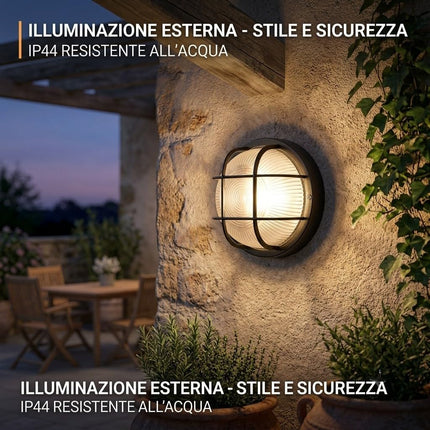 Applique ECHO TONDA con Gabbia – IP44, E27, Bianca o Nera, Antiurto IK07! Sovil