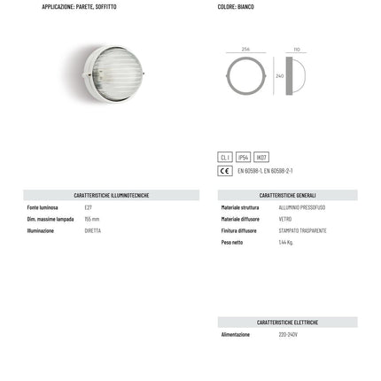 Applique Tonda Industriale IP54 – Bianca, Vetro Scanalato e Base in Alluminio per Esterni! Sovil