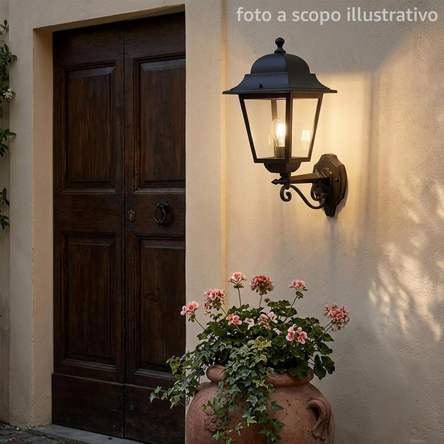 Applique da Esterno Grande, Nero, Alluminio Pressofuso, Vetro Trasparente, Stile Classico, 460x300 mm, Attacco E27 Sovil