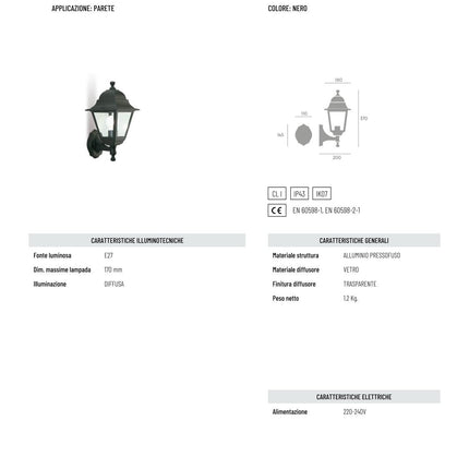Applique da Esterno OLD – Versione Media o Piccola, E27, Nero e IP43! Piccola Sovil