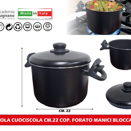 Accademia Mugnano Pentola Cuociscola Cm.22 Coperchio Forato Manici Bloccacoperchio Pasta Spaghetti Maccheroni