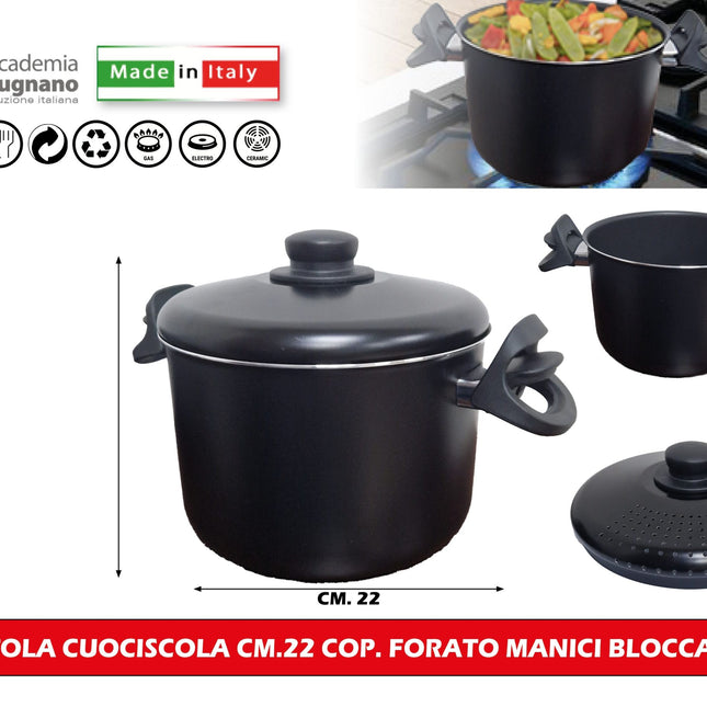 Accademia Mugnano Pentola Cuociscola Cm.22 Coperchio Forato Manici Bloccacoperchio Pasta Spaghetti Maccheroni