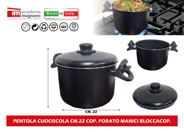 Accademia Mugnano Pentola Cuociscola Cm.22 Coperchio Forato Manici Bloccacoperchio Pasta Spaghetti Maccheroni Accademia Mugnano