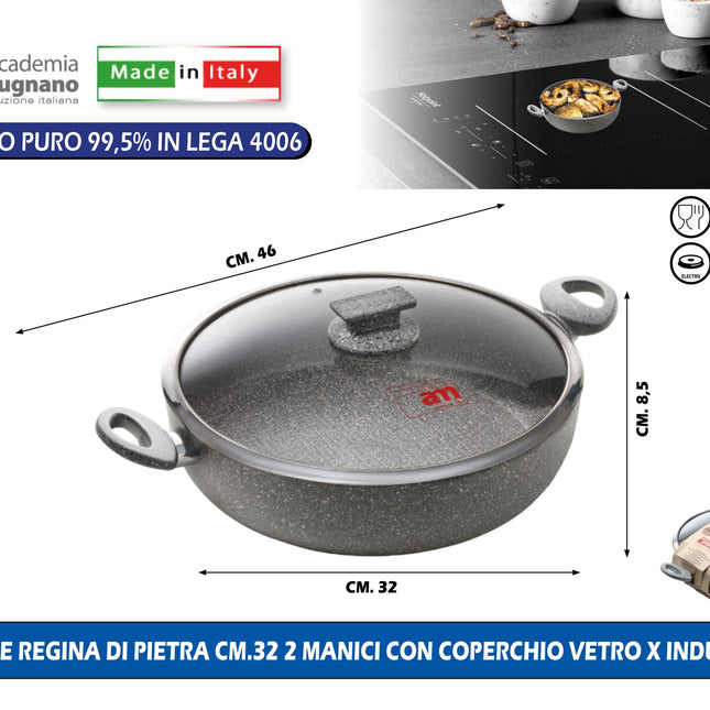 Accademia Mugnano Tegame Regina Di Pietra Cm.32 2 Manici Con Coperchio In Vetro X Induzione
