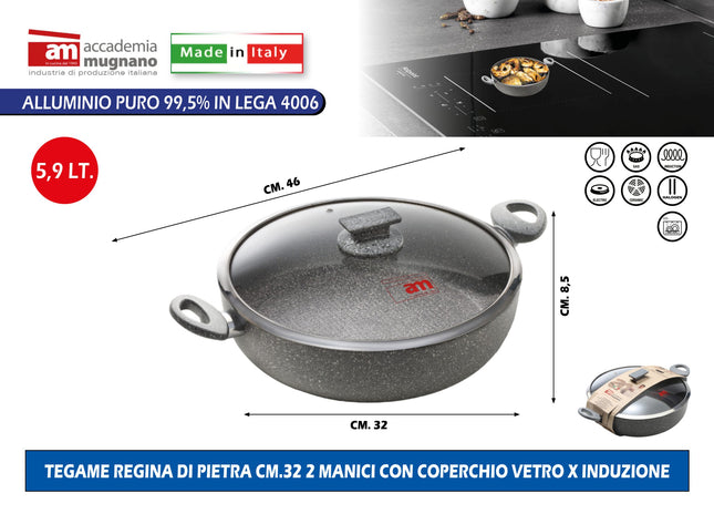 Accademia Mugnano Tegame Regina Di Pietra Cm.32 2 Manici Con Coperchio In Vetro X Induzione Accademia Mugnano
