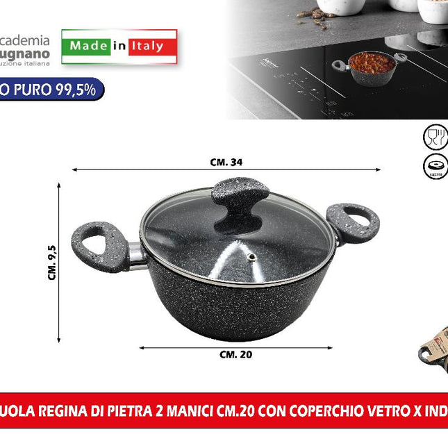 Accademia Mugnano Casseruola Regina Di Pietra 2 Manici Cm.20 Con Coperchio Vetro X Induzione