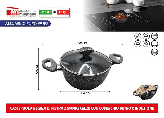 Accademia Mugnano Casseruola Regina Di Pietra 2 Manici Cm.20 Con Coperchio Vetro X Induzione Accademia Mugnano