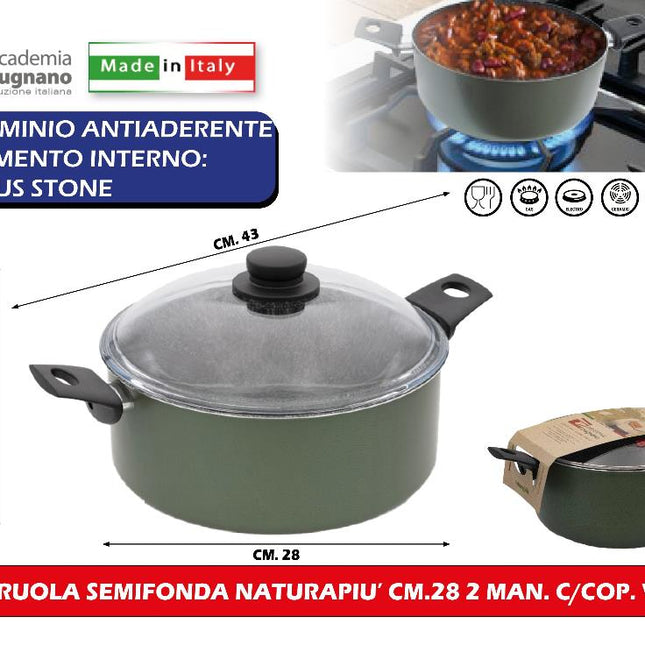 Accademia Mugnano Casseruola Semifonda Naturapiu' Cm.28 2 Manici Con Coperchio Vetro