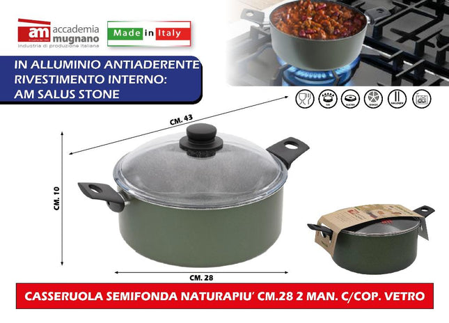 Accademia Mugnano Casseruola Semifonda Naturapiu' Cm.28 2 Manici Con Coperchio Vetro Accademia Mugnano
